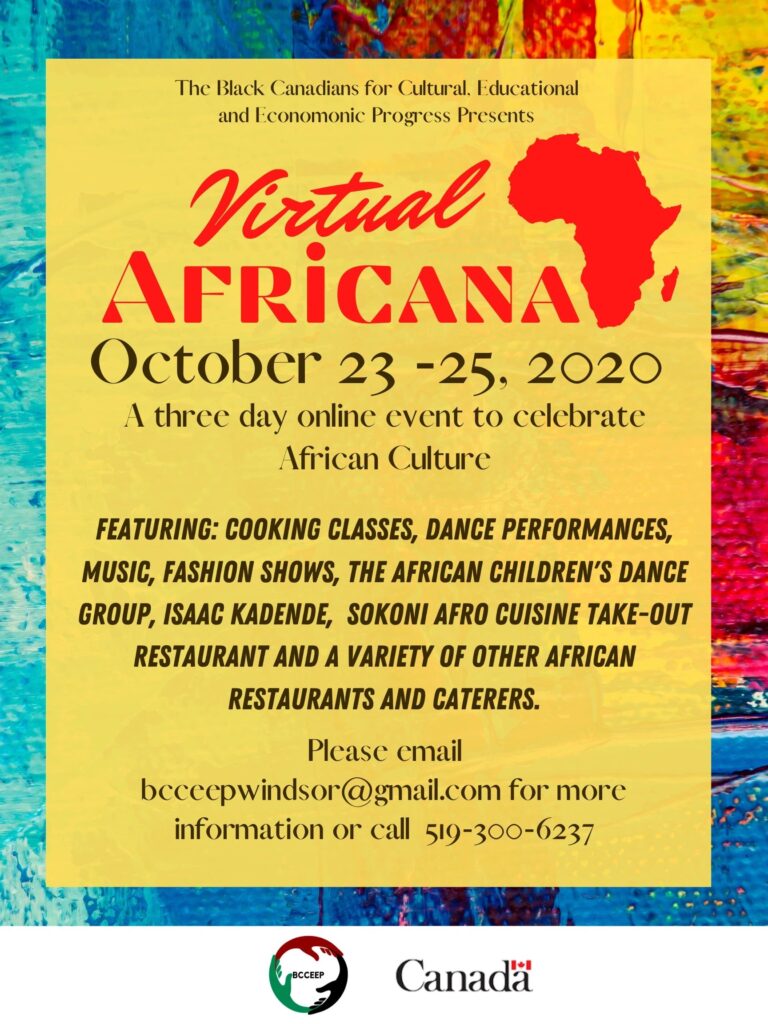 Poster for Virtual Africana, 23 to 25 October 2020, listing cooking classes, dance performances, music and fashion shows