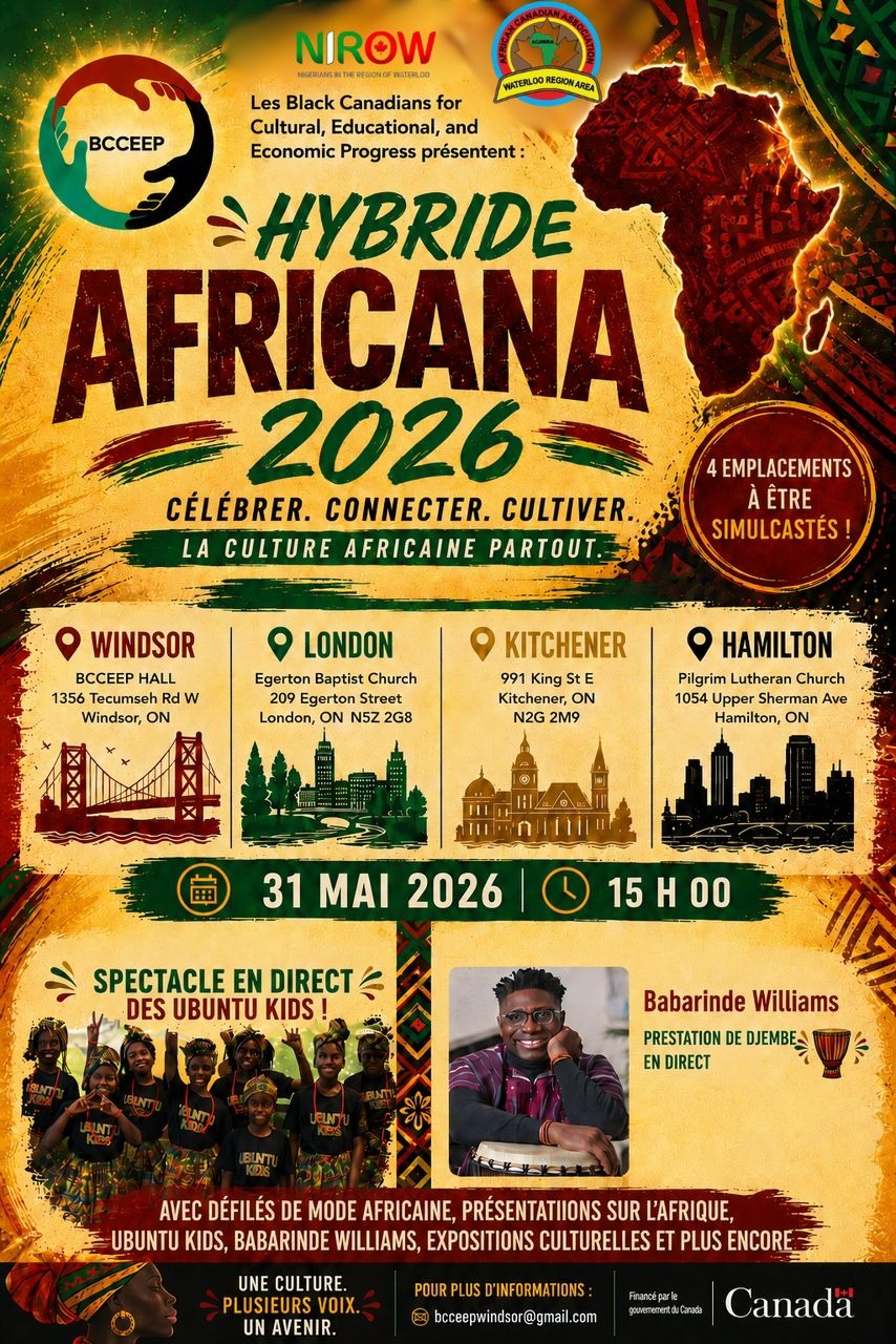 Hybride Africana 2026 flyer in French, giving the date as 31 mai 2026 at 15 h 00 and listing the four simulcast locations as Windsor at BCCEEP Hall, London, Kitchener and Hamilton